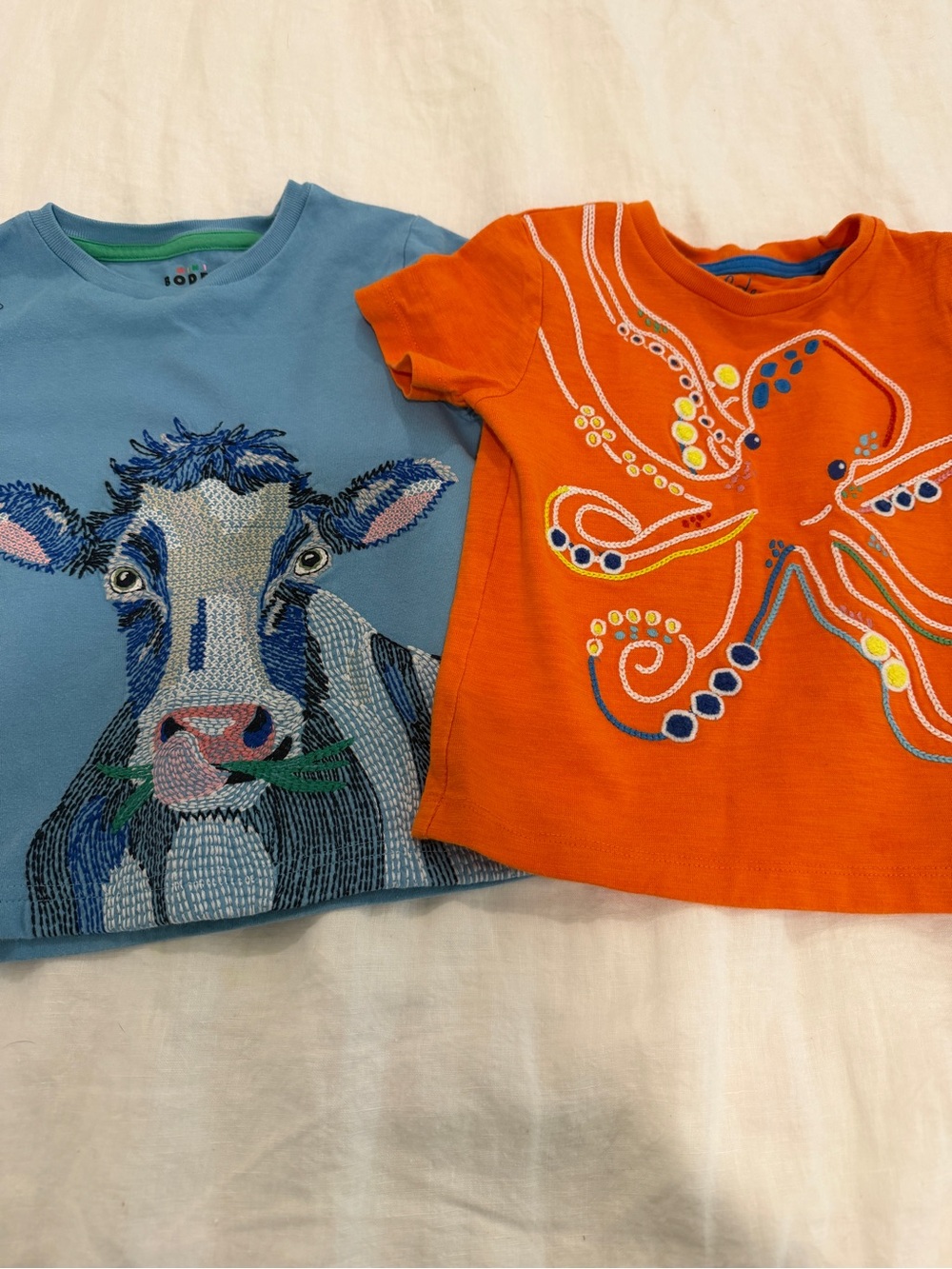 Mini Boden Graphic T-Shirt Lot - Cow and Octopus Blue & Orange Girls 2-3Y